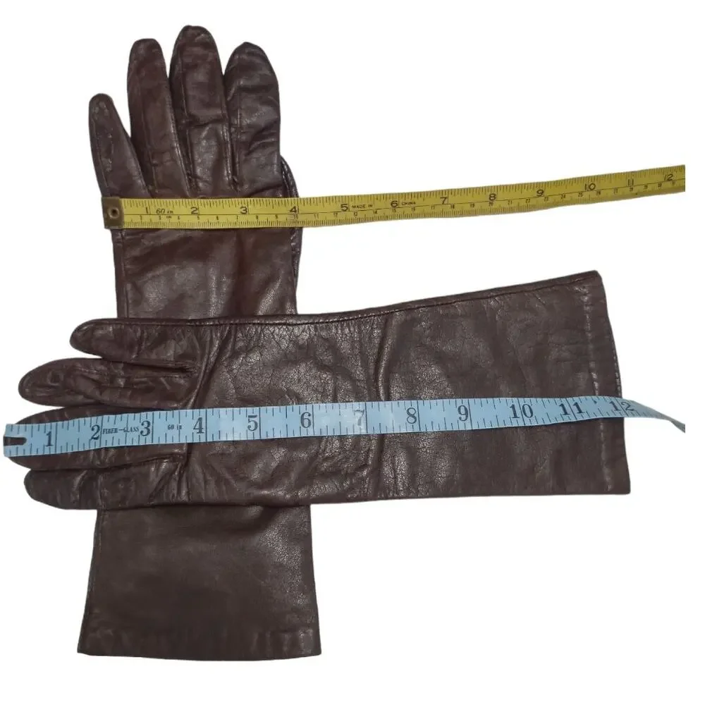 Vintage Leather Gloves Brown 3/4 Length Retro Accessories Size Large Winter Wear